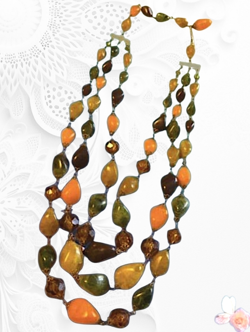 Retro West Germany Lucite Multistrand Necklace Vintage Amber Olive Autumn 160